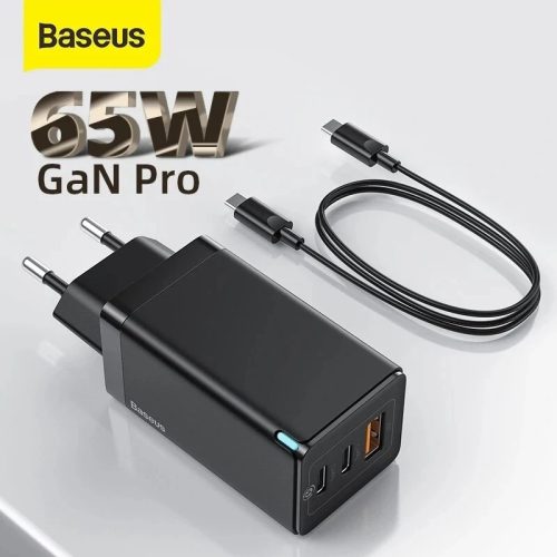 Baseus Laptop und Telefon GaN-Schnellladegerät - 65 W, USB-Unterstützung für 2xPD3.0 + QC3.0 Ladeprotokolle