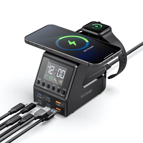 BlitzWolf® BW-FW10 – 240W-Desktop-Schnellladegerät und Wecker, 6 USB-Ladeanschlüsse (Typ C und USB-A) + kabelloses Laden