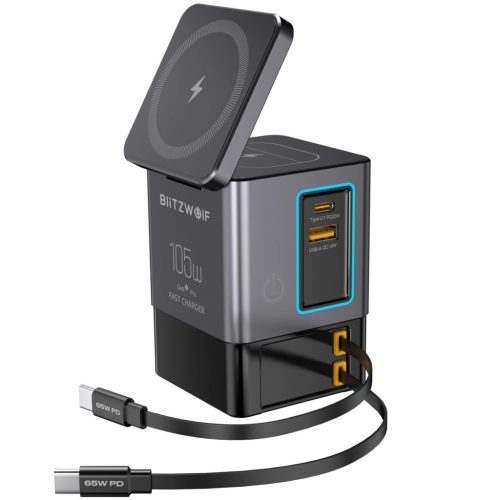 Blitzwolf BW-i116 Max – Desktop-Ladestation – mit integriertem, einziehbarem USB-C-Kabel und kabelloser Ladefunktion (Qi), total: 6 port