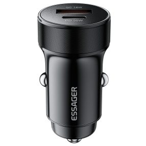   ESSAGER® ES-CC24 30W – Kfz-Ladegerät aus Aluminium. 1x USB-A + 1x USB Typ-C Schnellladeanschluss, intelligenter Chip – Schwarz