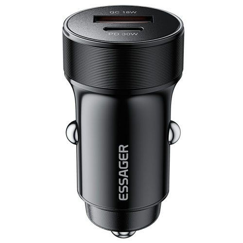 ESSAGER® ES-CC24 30W – Kfz-Ladegerät aus Aluminium. 1x USB-A + 1x USB Typ-C Schnellladeanschluss, intelligenter Chip – Schwarz