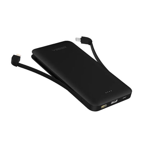 Veger VP1081 Power Bank 10000mAh - mit eingebautem Type-C und Lightning Kabel, Kunstlederbezug, zum gleichzeitigen Laden von 3 Geräten