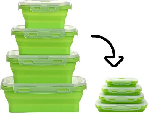 Zusammenklappbares, BPA-freies Silikon-Aufbewahrungsbox-Set für Lebensmittel – 4-teilig, zusammenklappbar – Grün