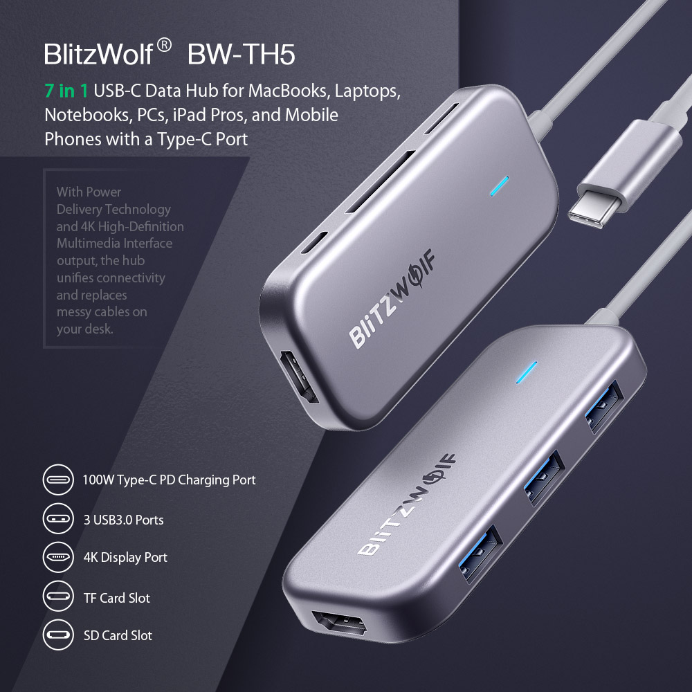  7 in 1 USB-C Data Hub BlitzWolf® BW-TH5 7 in 1 USB-C Data Hub for MacBooks, Laptops, Notebooks, PCs, iPad Pros, and Mobile Phones with a Type-C Port